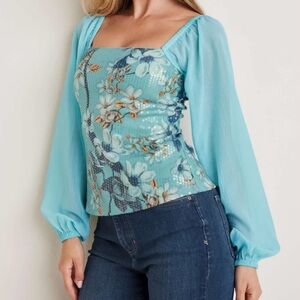NWT VENUS Aqua Floral Blouse Size Large